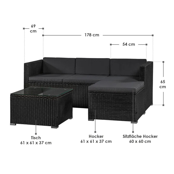 Polyrattan Lounge Punta Cana M set di sedute nere con 1 tavolo, 1 divano e 1 sgabello