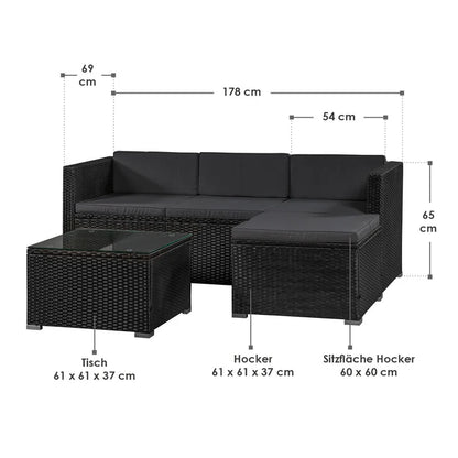 Polyrattan Lounge Punta Cana M set di sedute nere con 1 tavolo, 1 divano e 1 sgabello