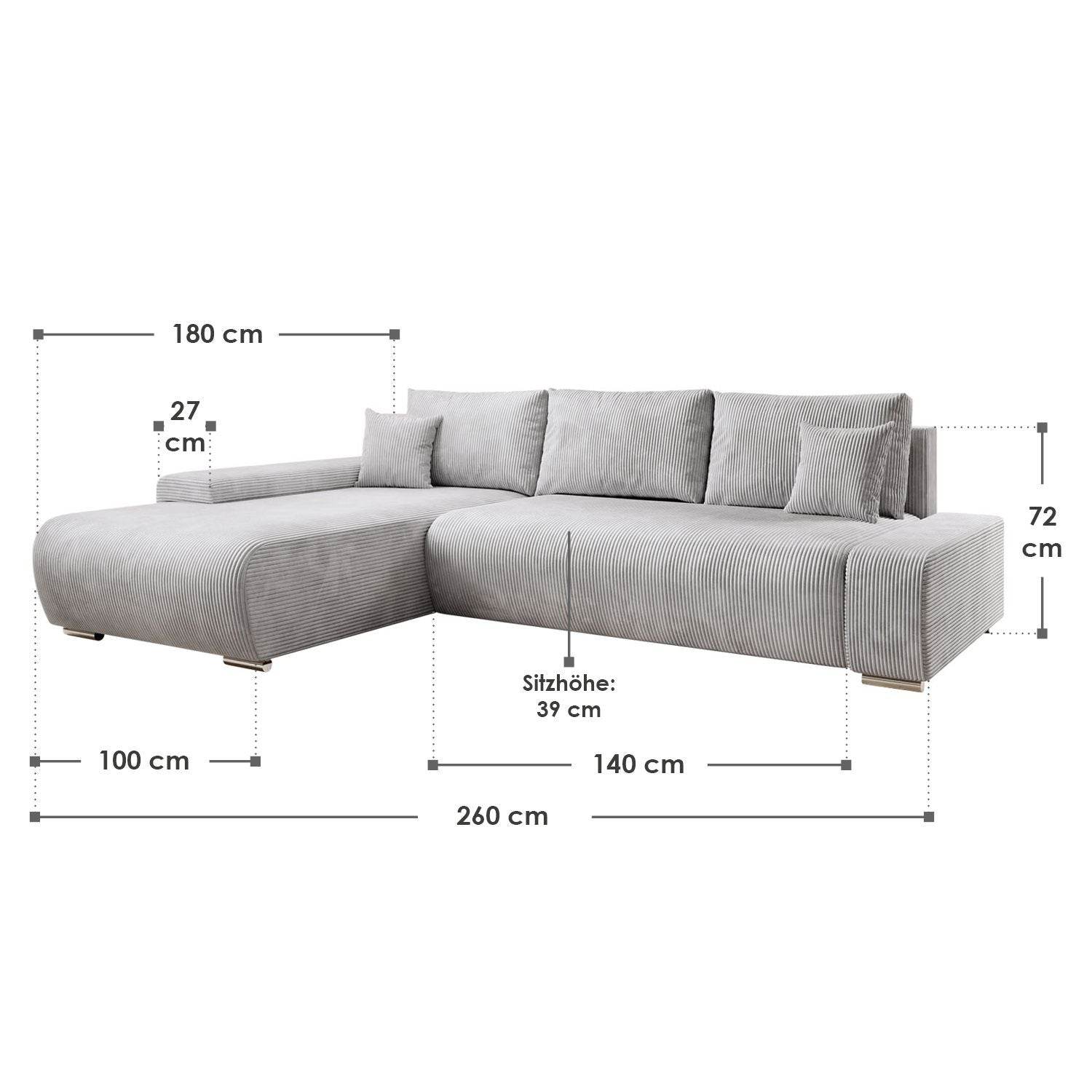 Sofa Iseo in L-Form mit Schlaffunktion Hellgrau - Palo24