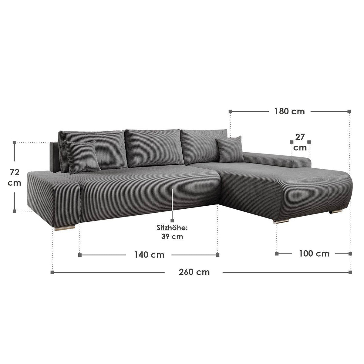 Sofa Iseo Rechts mit Schlaffunktion - Dunkelgrau - Palo24
