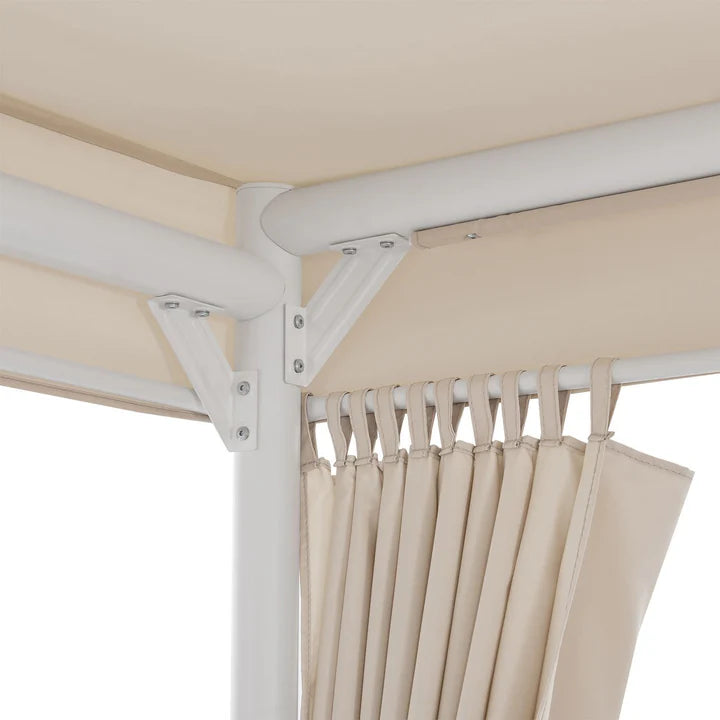 Lettino a dondolo Kassandra in bianco beige con tettuccio apribile e tende