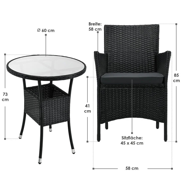 Set da balcone in polyrattan da 3 pezzi Bayamo nero/grigio