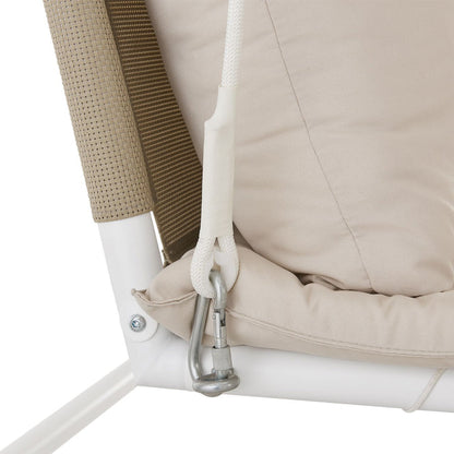Lettino a dondolo Kassandra in bianco beige con tettuccio apribile e tende