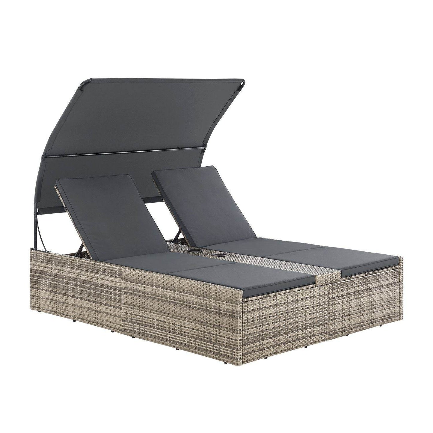 Polyrattan Doppelliege Syros mit Sonnendach & Auflagen - Grau-meliert - Palo24