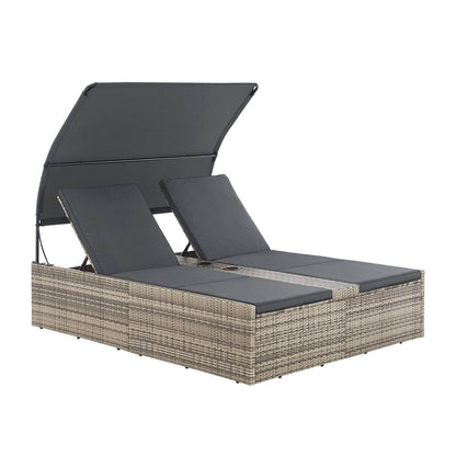 Polyrattan Doppelliege Syros mit Sonnendach & Auflagen - Grau-meliert - Palo24