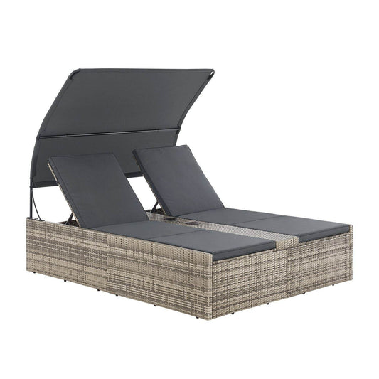 Polyrattan Doppelliege Syros mit Sonnendach & Auflagen - Grau-meliert - Palo24
