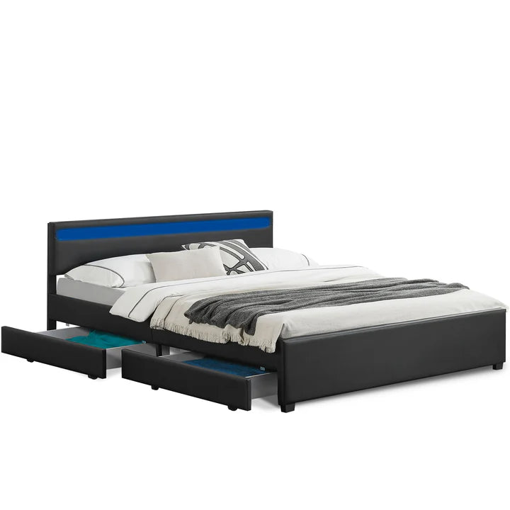 Polsterbett Lyon mit Bettkasten 180 x 200 cm LED-Beleuchtung und Lattenrost schwarz