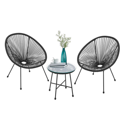 Set di mobili da balcone Ostana, gruppo di sedute nere da 3 pezzi in design retrò con tavolo e 2 poltrone