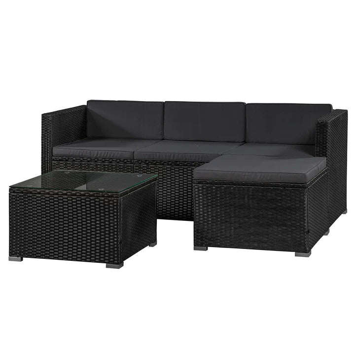 Polyrattan Lounge Punta Cana M set di sedute nere con 1 tavolo, 1 divano e 1 sgabello