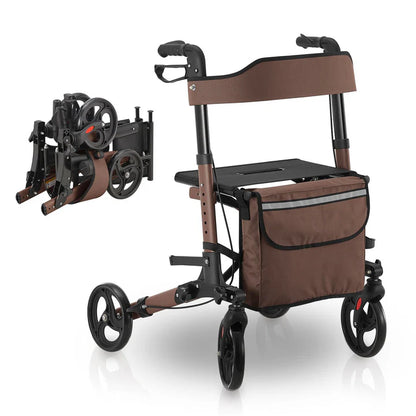 Aluminium Rollator Vital klappbar mit Sitzfläche & Einkaufstasche in braun
