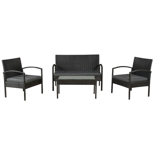 Gruppo di sedute in polyrattan Trinidad nero con rivestimenti grigio scuro