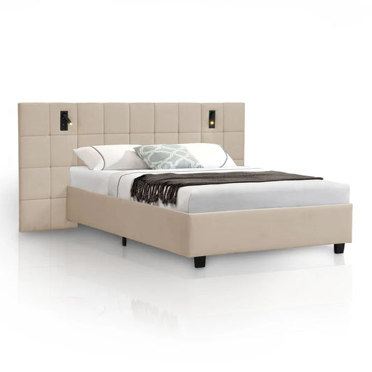 Polsterbett 140x200 cm Luzano - LED Lattenrost & Kopfteil - Samt Beige - Palo24