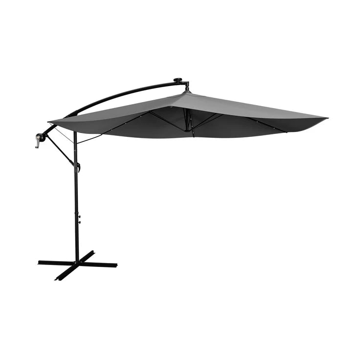Parasol Brazil Ø 3,0m avec LED, manivelle et base gris foncé