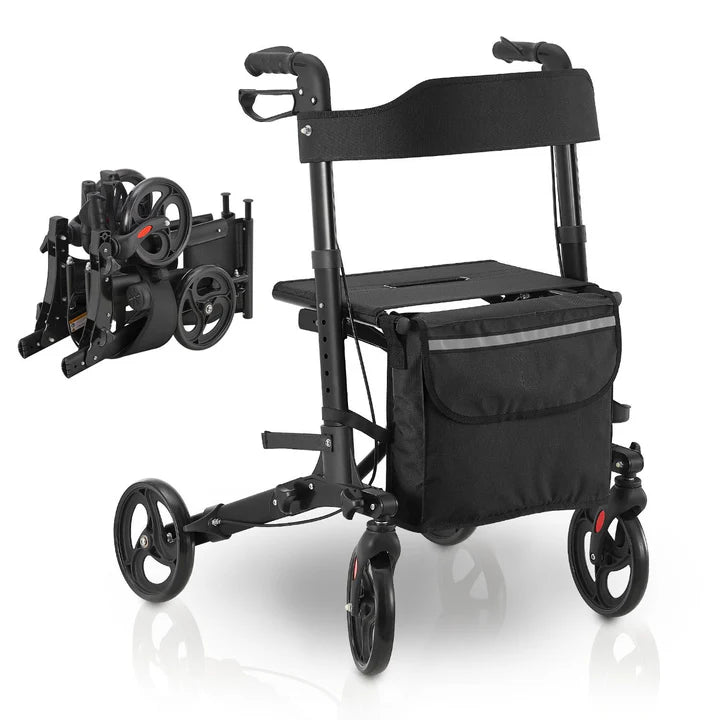 Aluminium Rollator Vital klappbar mit Sitzfläche & Einkaufstasche in schwarz