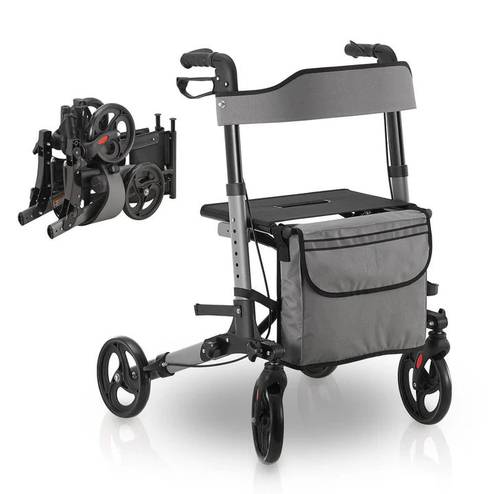 Rollator in alluminio Vital pieghevole con seduta e borsa per la spesa in grigio
