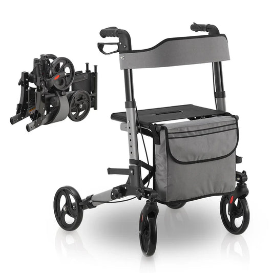 Déambulateur en aluminium Vital pliable avec siège et sac à provisions en gris