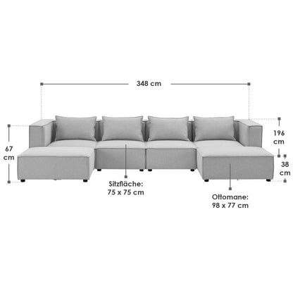 Modulares Sofa Domas XXL - Wohnlandschaft Armlehnen & Kissen - Stoff Hellgrau - Palo24
