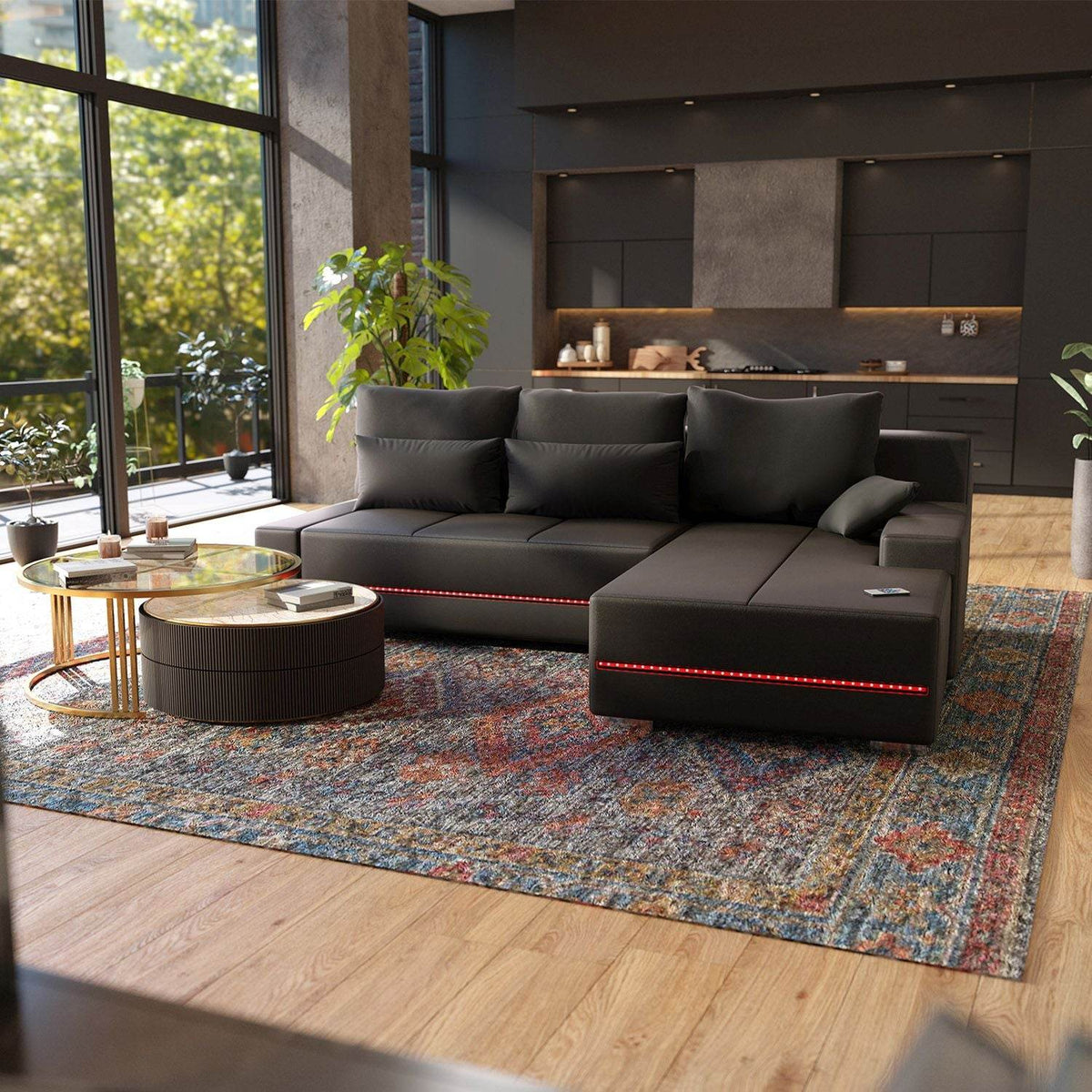 Sofa Davos mit LEDs in L-Form mit Schlaffunktion - Dunkelgrau - Palo24