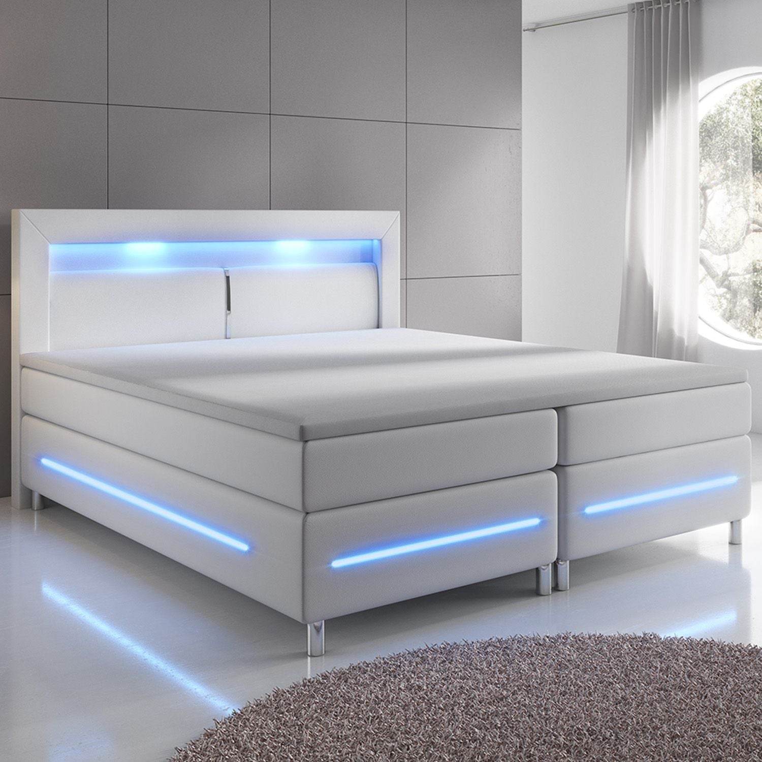 Boxspringbett Norfolk 200 x 200 cm weiss - LED-Streifen und Federkernmatratze - Palo24