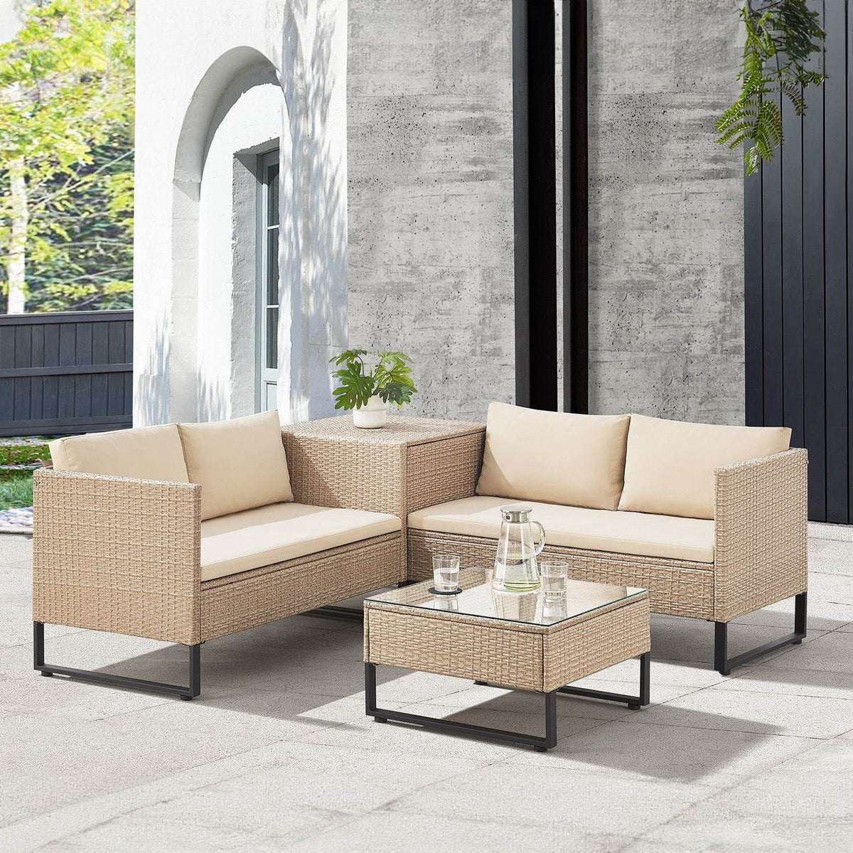 Modulare Polyrattan Lounge Santorini Creme Sitzecke Auflagenbox - Palo24