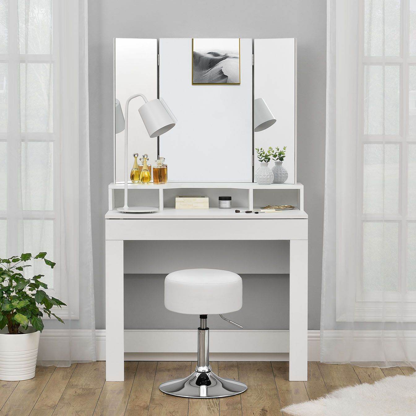 Schminktisch-Hocker Höhenverstellbar Tonia Weiss-Silber - Palo24