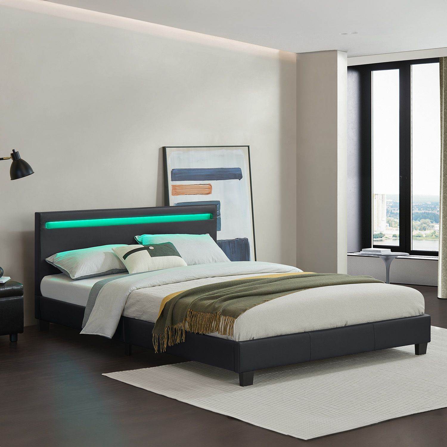 LED Polsterbett Paris 140 x 200 cm Lattenrost schwarz - Palo24