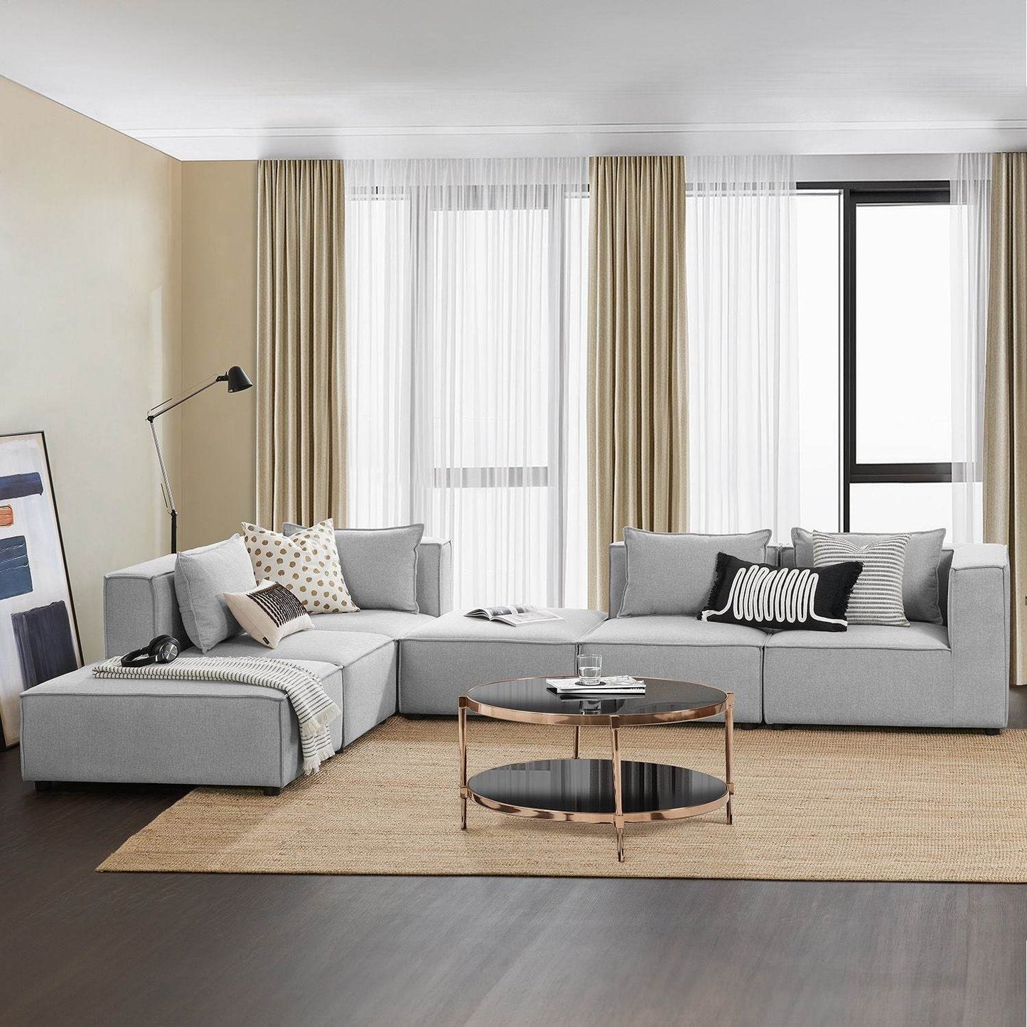 Modulares Sofa Domas XXL - Wohnlandschaft Armlehnen & Kissen - Stoff Hellgrau - Palo24