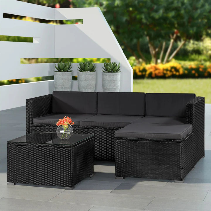 Polyrattan Lounge Punta Cana M set di sedute nere con 1 tavolo, 1 divano e 1 sgabello