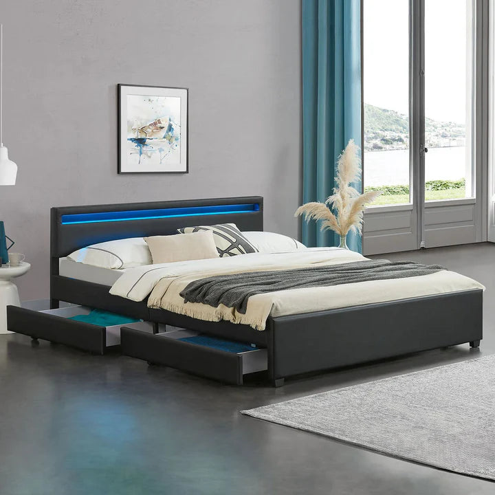 Polsterbett Lyon mit Bettkasten 180 x 200 cm LED-Beleuchtung und Lattenrost schwarz
