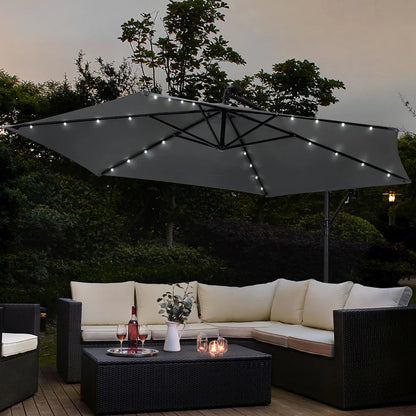 Parasol Brazil Ø 3,0m avec LED, manivelle et base gris foncé