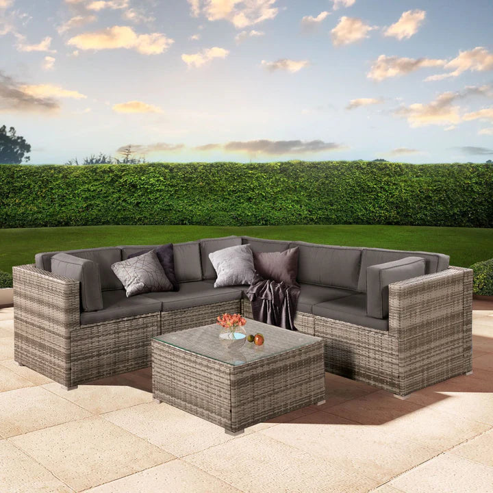 Polyrattan Lounge Sitzgruppe Nassau beige-grau mit Bezügen in Dunkelgrau
