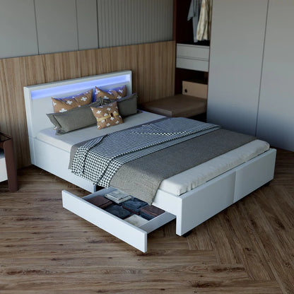 LED Polsterbett Lyon mit Bettkasten 140 x 200 cm - weiss