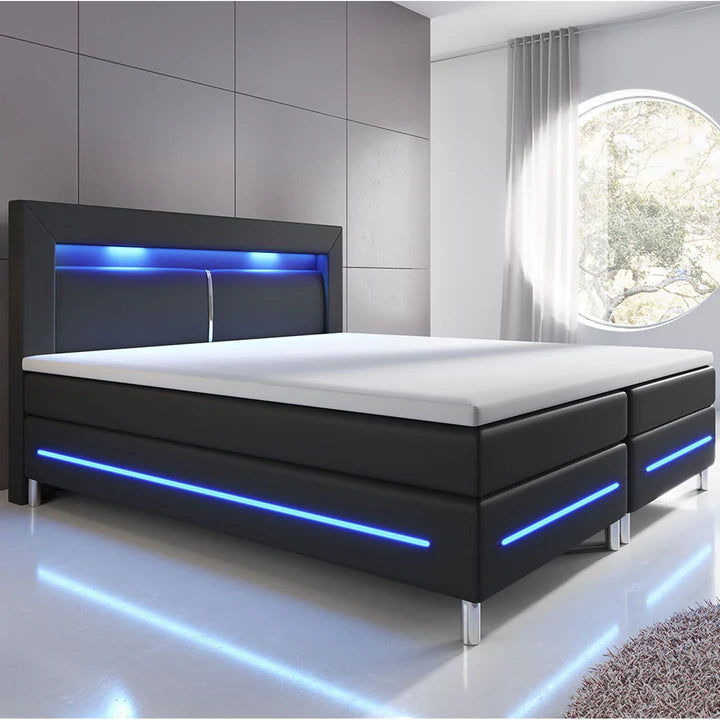Letto a molle LED Norfolk 180x200 cm nero - Strisce LED e materasso a molle