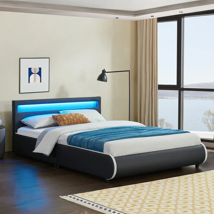 LED Polsterbett Sevilla 140 x 200 cm mit Lattenrost schwarz