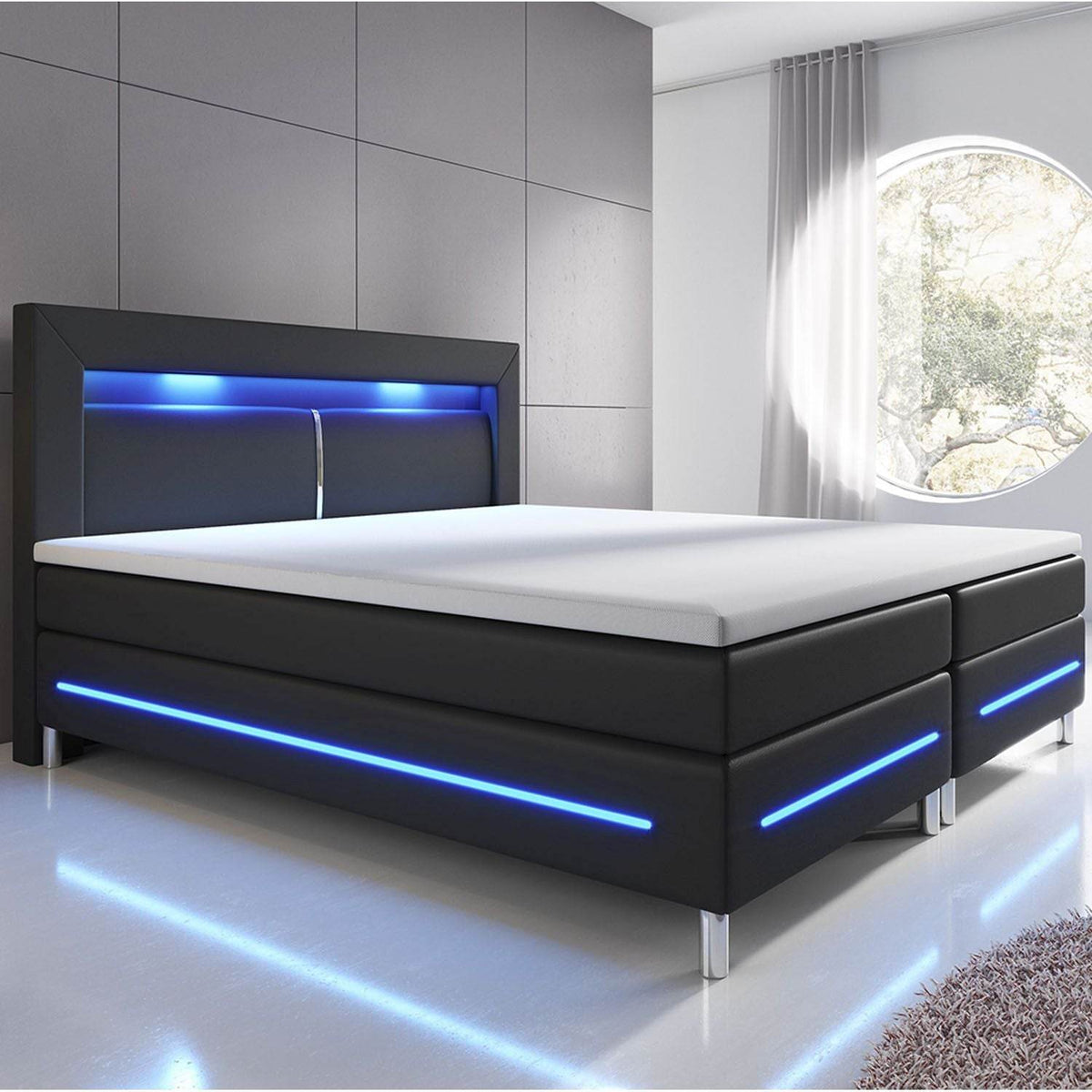 Boxspringbett Norfolk 200 x 200 cm schwarz - LED-Streifen und Federkernmatratze - Palo24