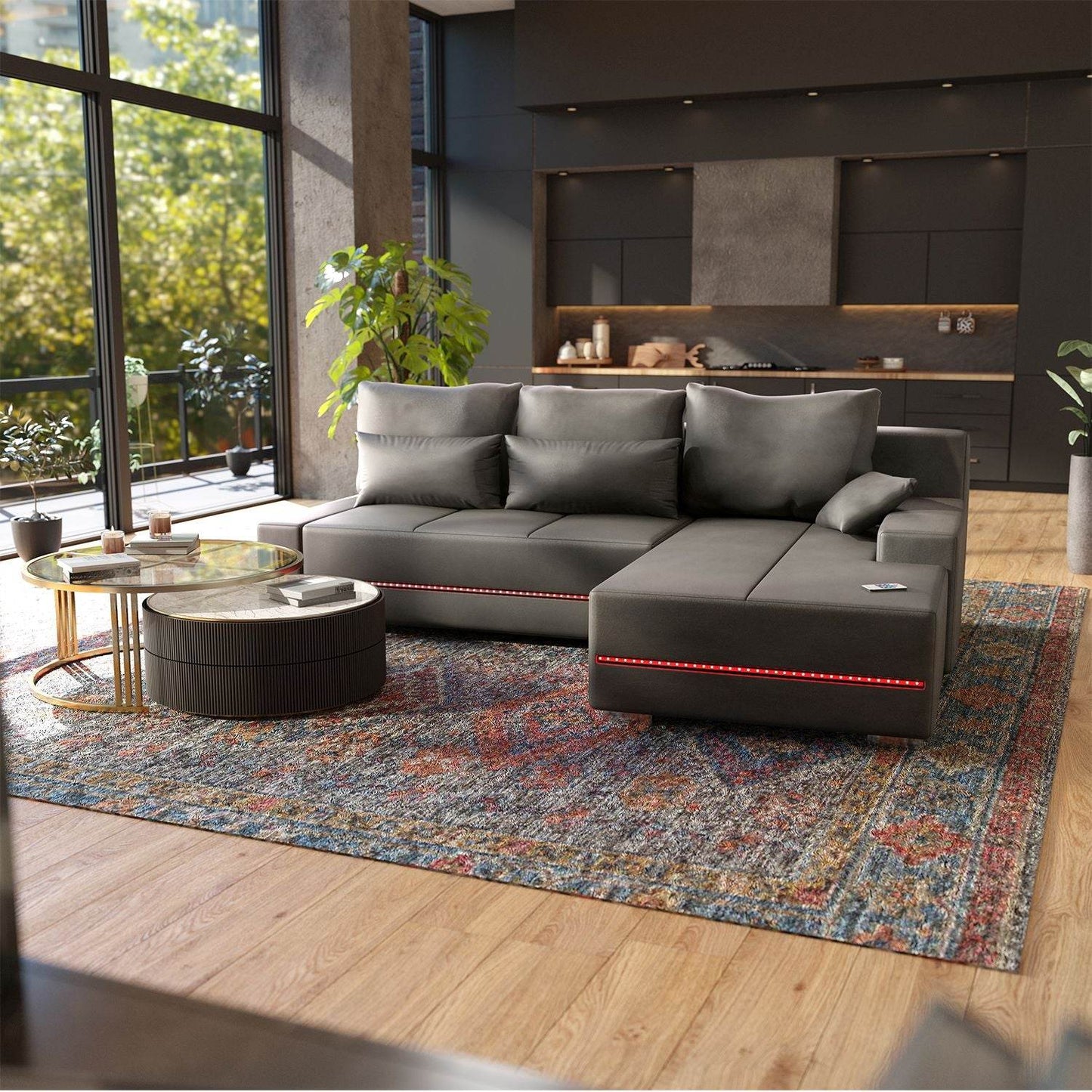 Sofa Davos mit LEDs & L-Form Schlaffunktion Hellgrau - Palo24
