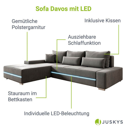 Sofa Davos Links mit LEDs - Hellgrau - Palo24