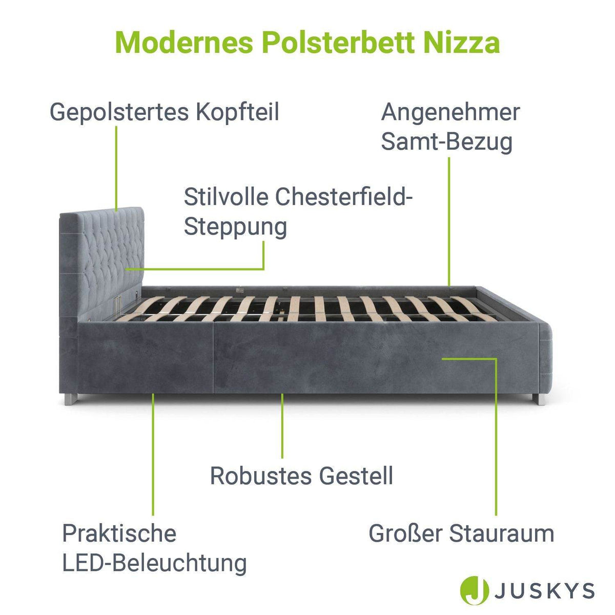 LED Polsterbett Nizza 140x200 cm Bettkasten Grau - Palo24