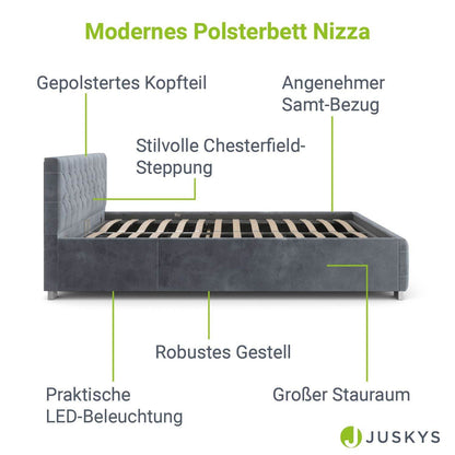 LED Polsterbett Nizza 140x200 cm Bettkasten Grau - Palo24