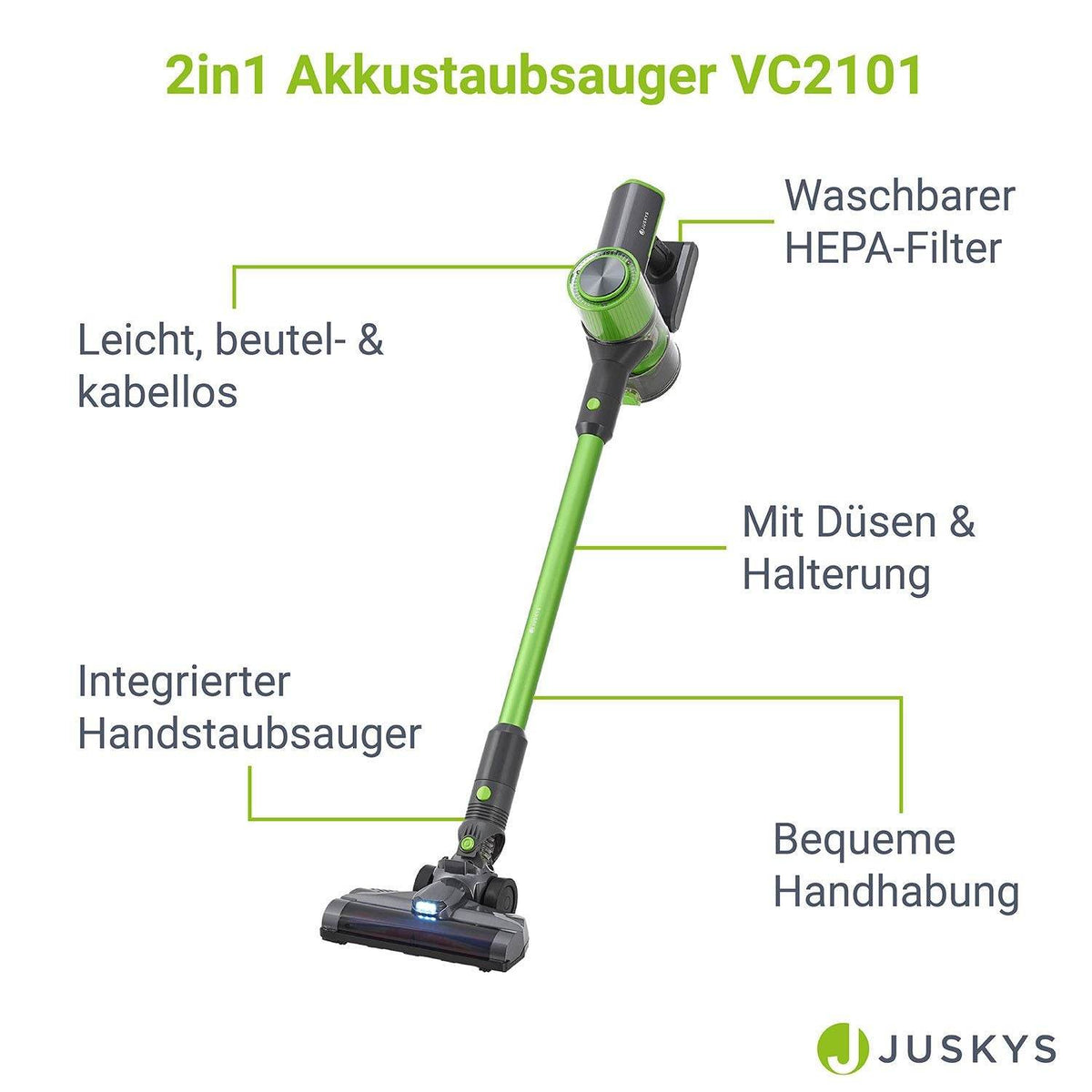 2-in-1-Akkustaubsauger VC2101 - Grau & Grün - Palo24