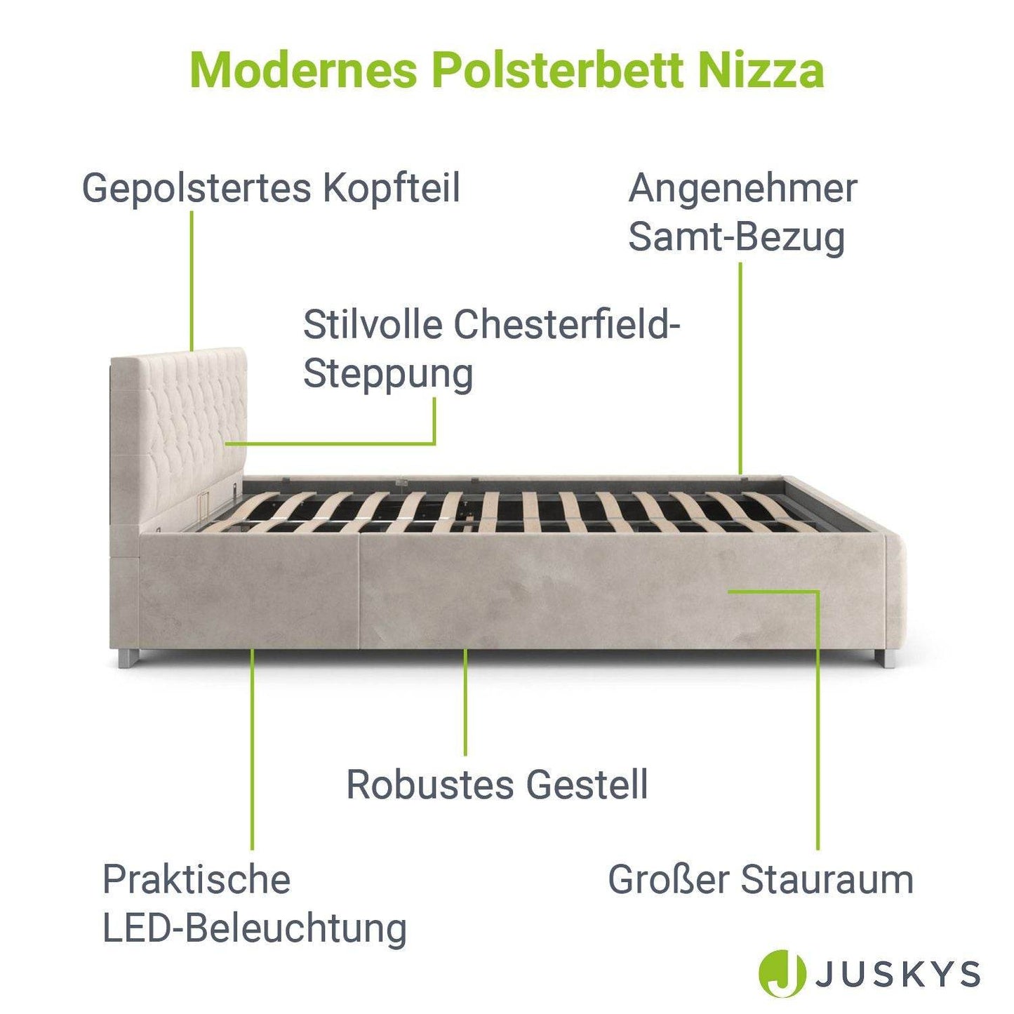 LED Polsterbett Nizza 120x200 cm Bettkasten Beige - Palo24