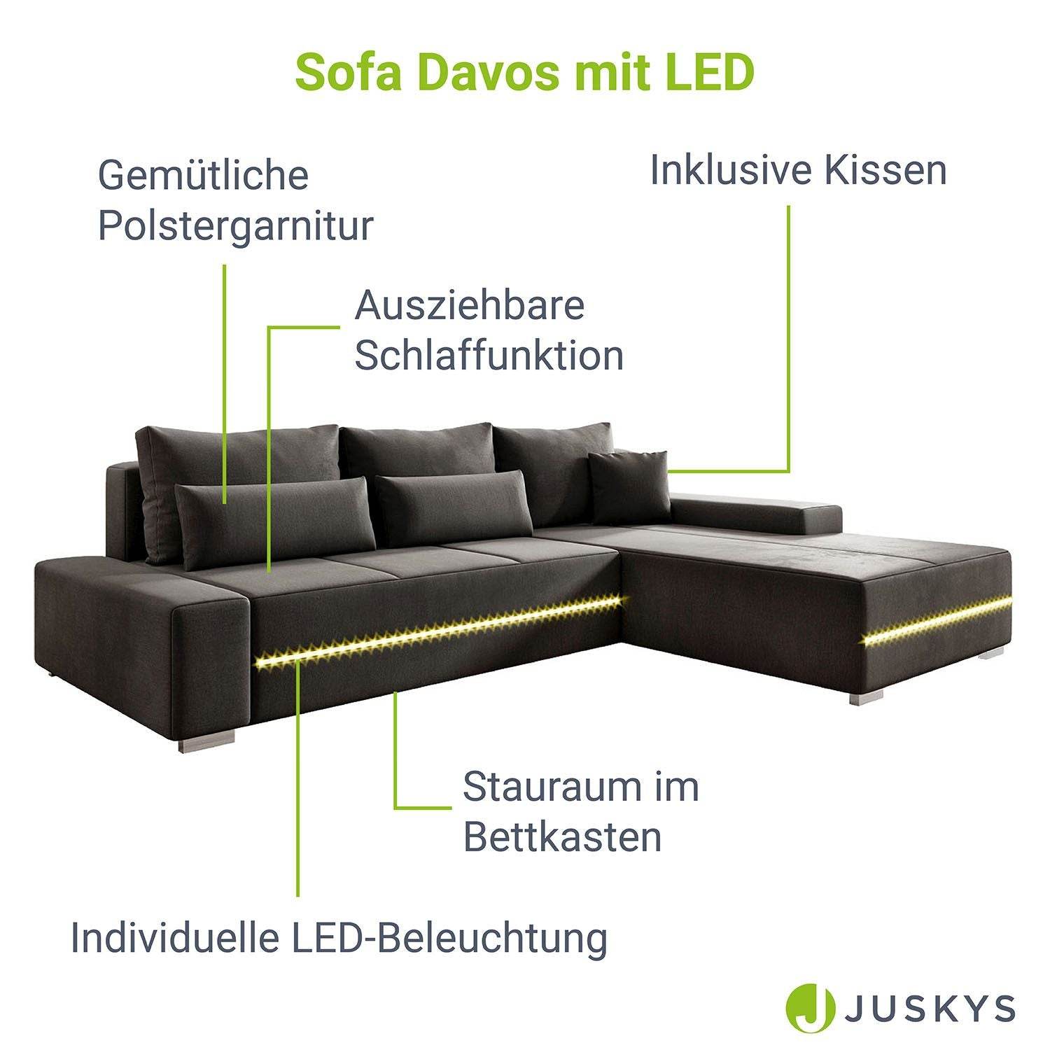 Sofa Davos mit LEDs in L-Form mit Schlaffunktion - Dunkelgrau - Palo24