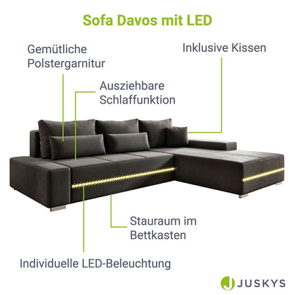 Sofa Davos mit LEDs in L-Form mit Schlaffunktion - Dunkelgrau - Palo24
