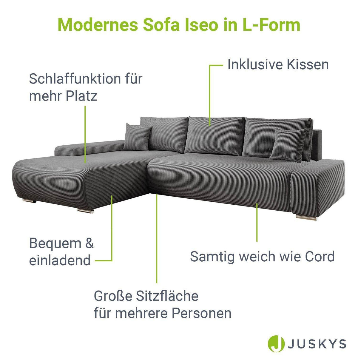 Sofa Iseo Links mit Schlaffunktion - Dunkelgrau - Palo24