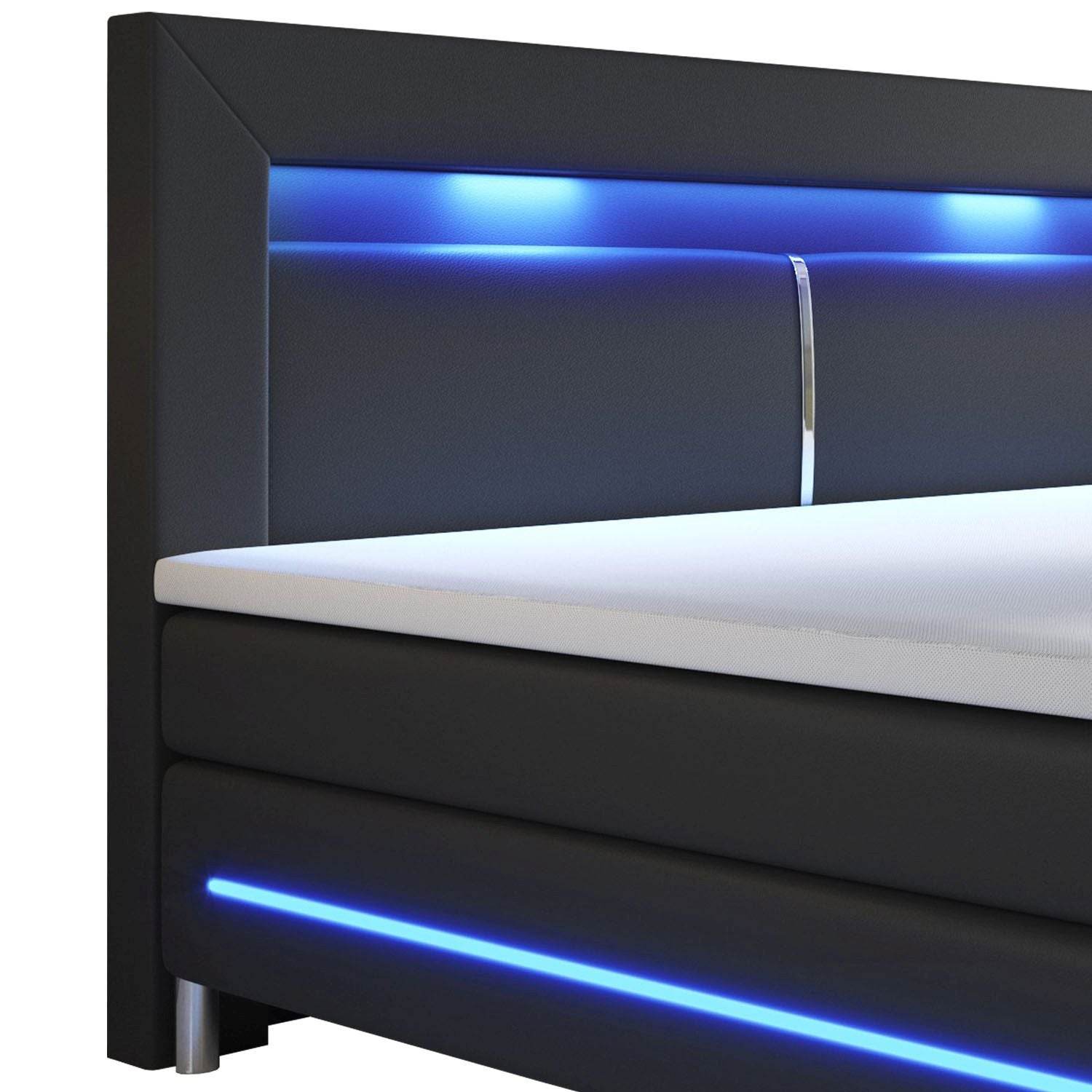 Boxspringbett Norfolk 200 x 200 cm schwarz - LED-Streifen und Federkernmatratze - Palo24