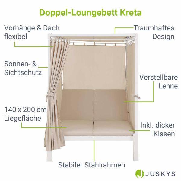 Doppel Loungebett Sonnenliege Kreta - Liege mit Dach in Weiss - Palo24