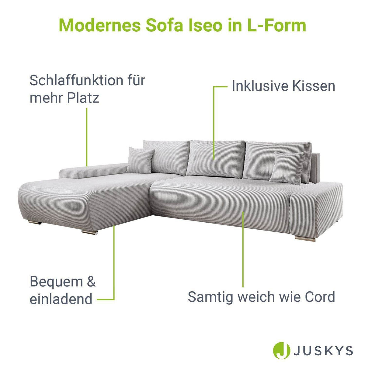 Sofa Iseo in L-Form mit Schlaffunktion Hellgrau - Palo24