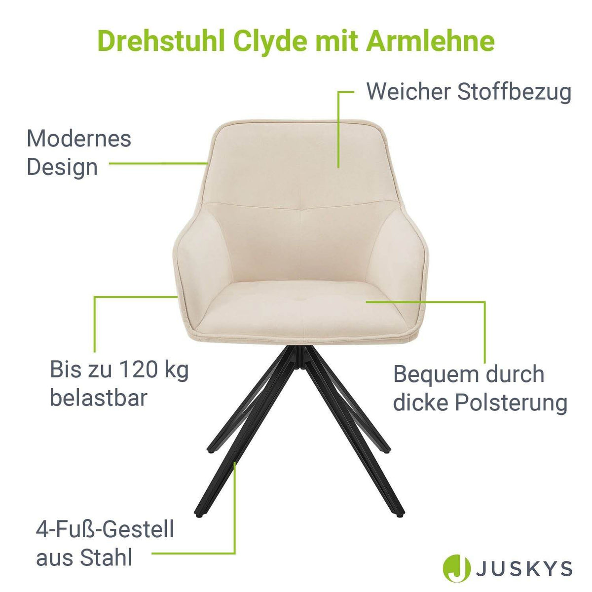 Esszimmerstuhl Drehstuhl Clyde mit Armlehne Samt Beige - Palo24