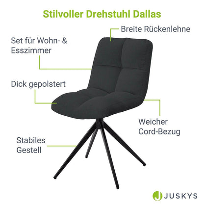 Drehstuhl Dallas Cord 2er Set - Dunkelgrau - Palo24