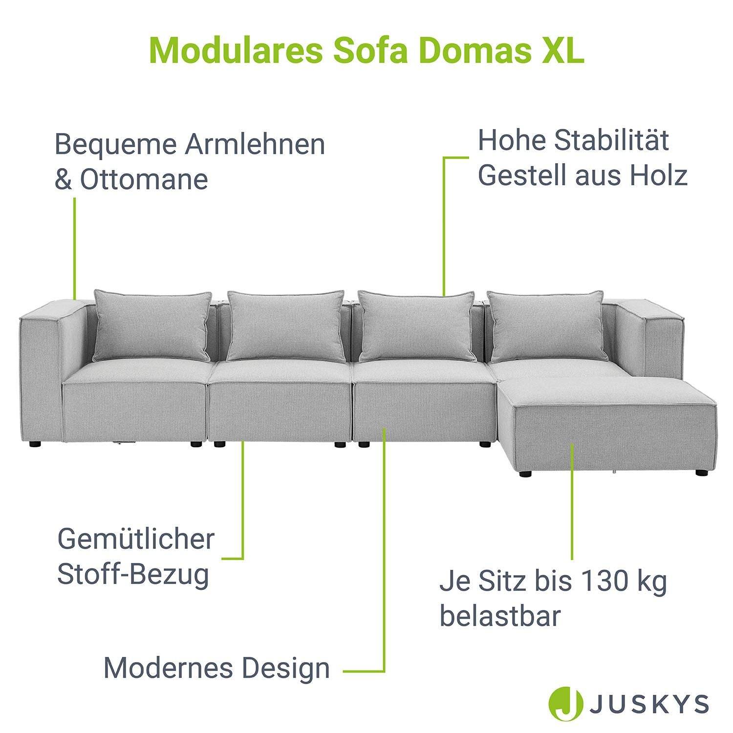 Modulares Sofa Domas XL - 4 Sitzer & Kissen - Stoff Hellgrau - Palo24